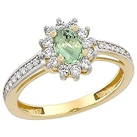 PIERA 14K Yellow Gold Natural Green Amethyst Flower Halo Ring Oval 6x4mm Diamond Accents, sizes 5-10