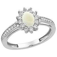 PIERA 14K White Gold Natural Opal Flower Halo Ring Oval 6x4mm Diamond Accents, sizes 5-10