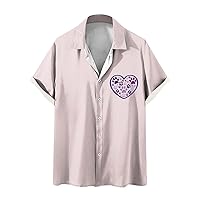 Men's Vintage Bowling Shirt Short Sleeve Button Down Hawaiian Tops Summer Cute Heart Printed Casual Beach Shirts