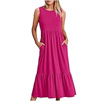 Lightning Deals Women Summer Dresses with Pocket, Casual Long Dress Solid Sleeveless Ruffle Hem Maxi Dresses Crewneck Tshirt Dress Boho Summer Dresses for Women Hot Pink