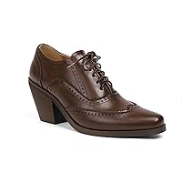 Women's Leather Perforated Lace-up Oxfords Chunky High Heel Classic Brogue Wingtip Dress Pumps Shoes