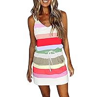 Summer Casual Dresses for Women Sleeveless V Neck Stripe Spaghetti Dress Swing Sling Strap Dress with Belt