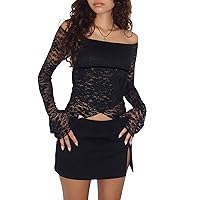 Women Lace Patchwork V Neck Long Sleeve Shirts Tops See Through Slim Fit Tee Shirt Blouse Sheer Mesh Going Out Tops