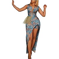 Women Sexy African Floral Print Dress Long Maxi V-Neck Tassels Dress