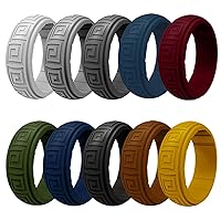 Mens 8mm Wide Back Pattern Silicone Wedding Band 10pcs Pack Black Blue Green Rubber Rings - US 7-14