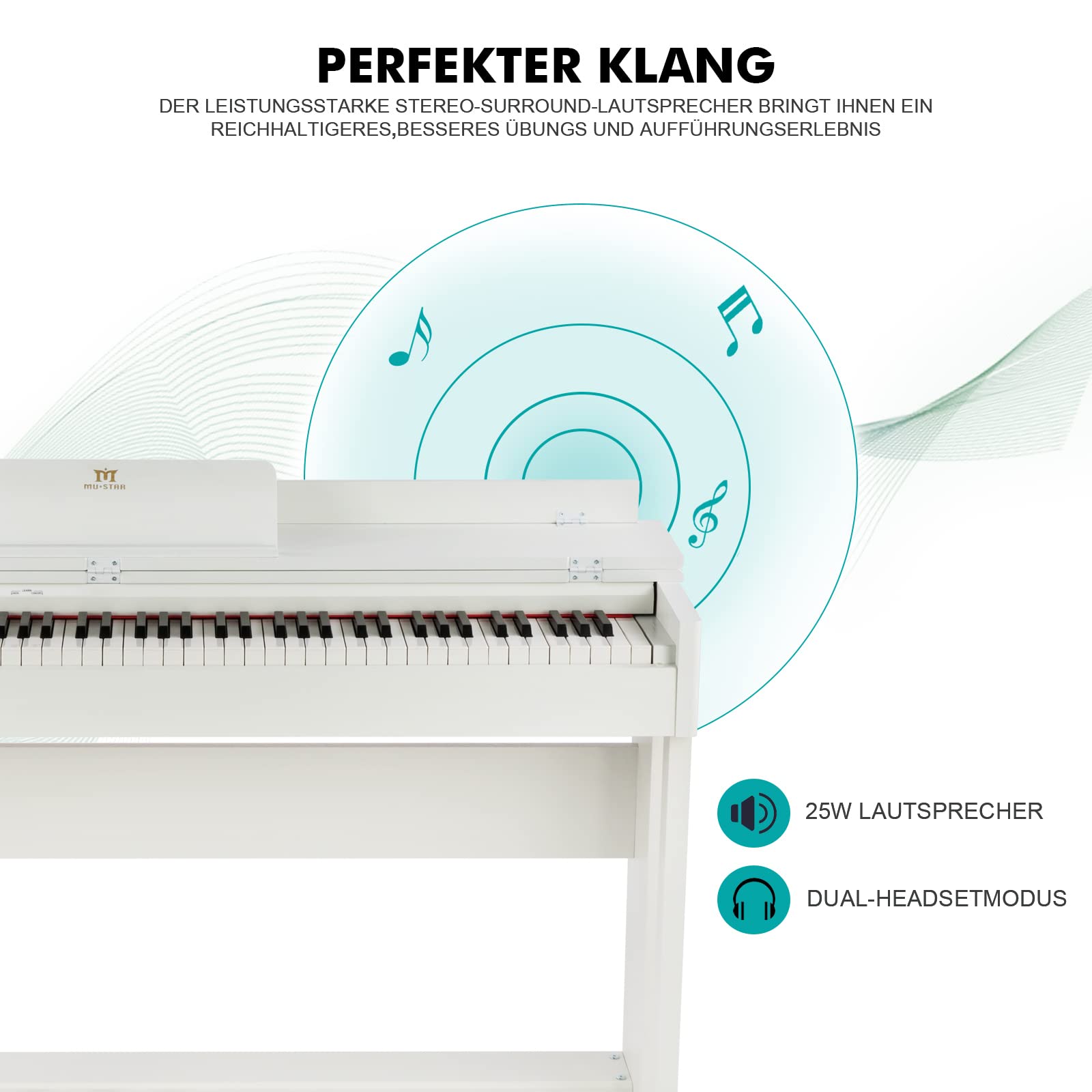 MUSTAR Digital Piano 88 Tasten mit Hammermechanik, E Piano weiß, E-Klavier mit 3 Pedale Adapter, 2 Kopfhöreranschluss, Duales Kontrollsystem, USB/MIDI, Klassisch professionell