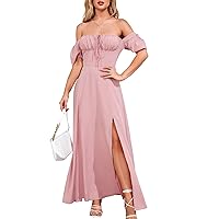 Women's Summer Puff Sleeve Floral Split Maxi Dress Flowy A Line Casual Beach Long Dresses
