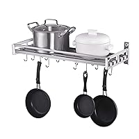 Wall Mounted Pot Holder Pan Organizer with 16 Hooks, Stainless Steel Kitchen Wall Pots and Pans Rack, Heavy Duty, Modern Slat Design (24'' by 9 1/2