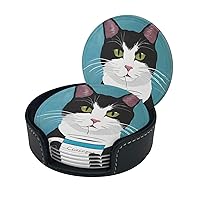 Coasters Sets of 6 with Holder PU Leather Bar Drink Coasters for Coffee Table Home Decor, New Apartment Essentials for Men Women Housewarming Gifts - cat