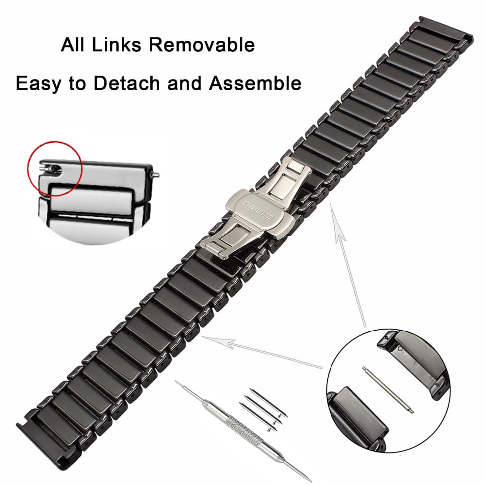 Nice Pies Quick Release Ceramic Watch Band 20mm 22mm Watch Strap Butterfly Buckle Wristbands for Women Men Black White