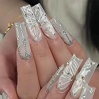 Foccna Press on Nails Super Long Rhinestone White Fake Nails Square Bling Glossy Butterfly False Nail Tips Artificial Nails Finger Manicure for Women and Girls-24pcs