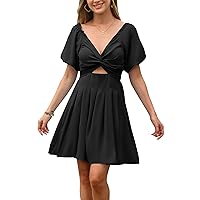 Women's Summer Puff Sleeve Short Dress High Waist Casual A-Line Dress Off Shoulder Knot Front Hollow Out Mini Dresses
