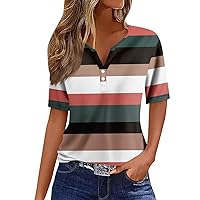 Summer Tops for Women Striped V Neck Button Down Blouse Comfortable Short Sleeve Essential Spring Summer T-Shirts Tees
