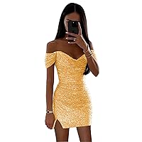 Off Shoulder Sequin Homecoming Dresses for Teens & Juniors Sparkly Short Prom Cocktail Gowns with Slit R066