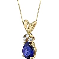 PEORA Solid 14K Yellow Gold Created Blue Sapphire with Genuine Diamonds Pendant for Women, Dainty Teardrop Solitaire, Pear Shape, 7x5mm, 1 Carat total