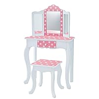Teamson Kids Princess Gisele Polka Dot Print 2-Piece Kids Wooden Play Vanity Set with Vanity Table, Tri-Fold Mirror, Storage Drawer, and Matching Stool, White with White/Pink Polka Dot Accent