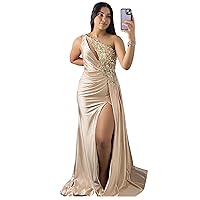 Champagne Sequin Applique Prom Dresses 2024 One Shoulder Mermaid High Slit Long Evening Gowns for Women