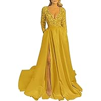 Women's Sequins Long Sleeve Prom Dresses with Pockets Lace up V Neck Side Satin Long Formal Party Gowns