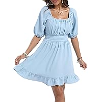 Fuinloth Womens Summer Sun Dresses Tied Back Puff Sleeve Square Neck Casual A-line Dress