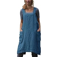 Apron for Womens Cotton Linen Apron Cross Back with Pockets Pinafore Dress for Baking Cooking, Dark Blue