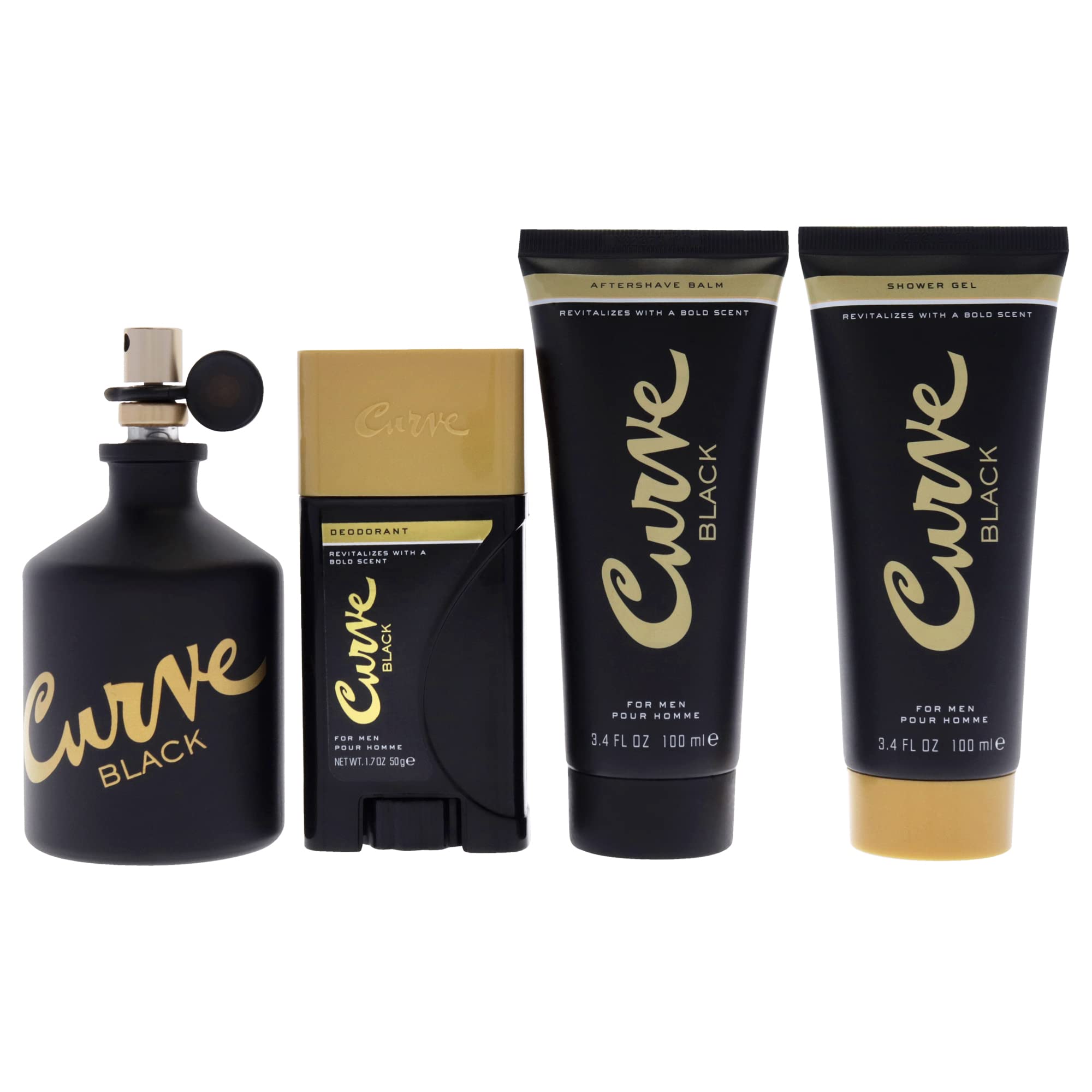Liz Claiborne Curve Black 4.2oz EDC Spray, 3.4oz After Shave Balm, 3.4oz Shower Gel, 1.7oz Deodrant Spray Men 4 Pc Gift Set