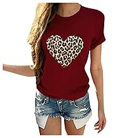 Women's Summer Tops Leopard Printed Heart Graphic Tees Casual Loose Short Sleeve T-Shirts Valentine's Day Crewneck Blouses