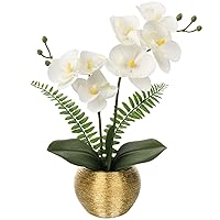 Briful Orchids Artificial Flowers 13'' Fake Orchid Flowers in Gold Ceramic Vase Silk Phalaenopsis White Orchid Flowers for Home Office Wedding Party Table Centerpiece Decor