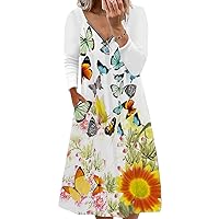 Women's Graphic V-Neck Zip Loose Dress Casual Flower Tunic Dress A-Line Zipper Floral Zip Up Chiffon Blouses Top