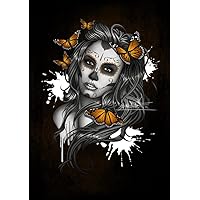 SUGAR SKULL GIRL with BUTTERFLIES CANVAS ART - Day of the Dead Wall Print - Tattoo Decor Gift Sugarskull Woman Face Black Orange Butterfly