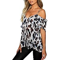 Lazzboy Leopard Print Tops Women's Leopard Pattern Casual Fashion Women Summer Vest Sleeveless Leopard Summer Cold Shoulder Blouse T-Shirt (S-2XL)