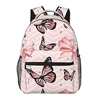 Butterfly Pink Printed Laptop Backpack With Side Mesh Pockets Casual Backpack For Man Woman Travel Daypack