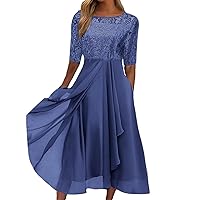 Dresses for Women 2023 Casual, Lace Cut-Out Maxi Dress O-Neck Half Sleeve Summer Dress Patchwork Ruffle Dress