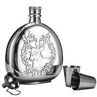 Hip Flask Flagon with Funnel Gifted box Silver Stainless Steel U Oval Shape 6 Oz 17 Oz Delicate Elegant Buck Stag Male deer Pattern Leak Proof for Liquor White Whiskey Wine Vodka (17 oz)