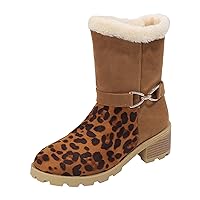 Fleece Lined Boots for Women Retro Novelty Round Toe Waterproof Warm Faux Plush Mid Heel Mid Calf Boots,JH131