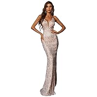 Women's Dress Dresses for Women Contrast Mesh Zip Back Sequin Prom Dress Dress (Color : Champagne, Size : Small)