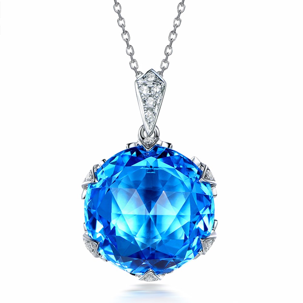 Fashion Jewelry Topaz Gemstone Necklace With Natural Diamond Solid 14K White Gold Engagement Promise Pendant Sets