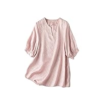Women Summer Solid Silk Blouses Casual Puff Sleeved Straight Shirts Top