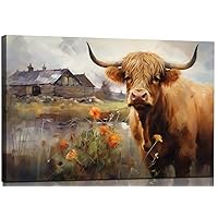 Highland Cow Wall Art Decor Cow Pictures for Living Room Farmhouse Canvas Painting Modern Western Art Print Rustic Animal Artwork for Bedroom Home Office Decorations, Ready to Hang(24