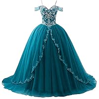 Women's Spaghetti Strap Quinceanera Dress Beaded Short Sleeves Ball Gown Prom Dress