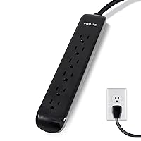 Philips 6-Outlet Surge Protector, 4 Ft Extension Cord, Power Strip, 720Joules, Flat Plug, Wall Mount, Perfect for Office or Home Décor, ETL Listed, Black, SPP3064BE/37