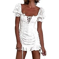 Womens Sexy Summer Puffy Sleeve Square Neck Short Dress Ruffle Ruched Drawstring Front Lace Up Bodycon Mini Dresses