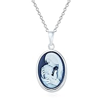 Bling Jewelry Classic Antique Style Blue White Carved Oval Simple Framed Victorian Lady Portrait Mother and Child Cameo Pendant Necklace For Women Wife .925 Sterling Silver