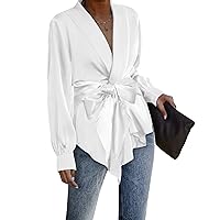 ACEVOG Women's Satin Blouse Wrap Tie Waist or Open Front Shirt Silk Drape Dressy Long Sleeve Top