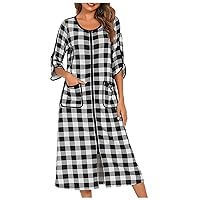 Women Kaftan Style Nightgown Plaid Split Hem 3/4 Sleeves Zip Up Bathrobes Fashion Maxi Pjs Loungewear with Pockets
