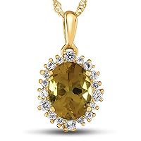 Solid 10k Gold 8x6mm Oval Center Stone with White Topaz accent stones Halo Pendant Necklace