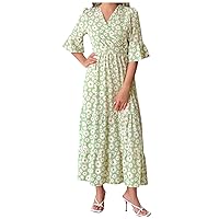 Women Summer Maxi Dresses Casual Half Puff Sleeve Ruffles Floral Dress Pleated Dress A-Line Flowy Swing Party Long Dress
