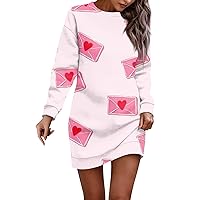 Women's Valentines Dress Long Sleeve Dress Casual Heart Printed Pullover Hip Pack Dress Sweater Spring, S-3XL