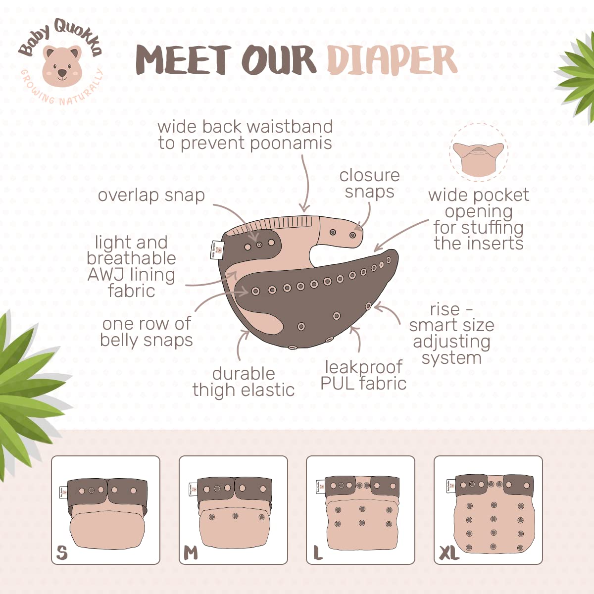 One Size Orcas Pocket Diaper: Handmade Reusable Birth to Potty Toddler Boy or Girl Water Resistant Cloth Diaper with 1 Bamboo Inserts, Baby QUOKKA ®