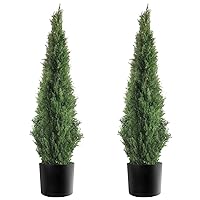 Set of 2 Pre-Potted 3 Feet Faux Cedar Tree, Lifelike UV Protected Front Door Decor, Porch, Garden, Entryway Topiary, Indoor/Outdoor Use - Ready to Display