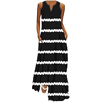 Long Dresses for Women Striped Printed Casual Tank Sundress Sleeveless V Neck Flowy Hawaiian Beach Maxi Dress Pockets